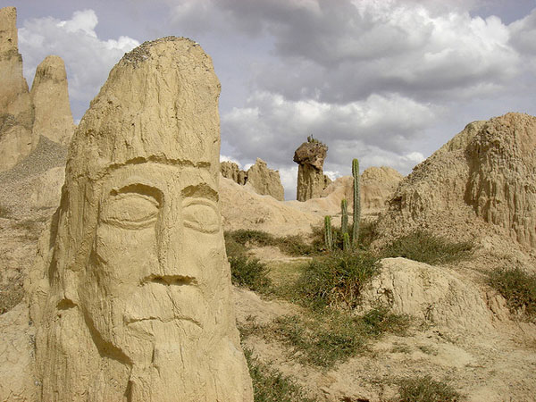 Giant carved stone monolith at Valley of the Moon on Lake Titicaca, Bolivia