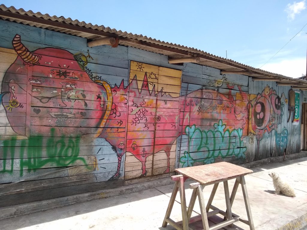 A small white dog sits on the sidewalk, looking at a graffiti-style mural of a centipede with a head at each end of its body.